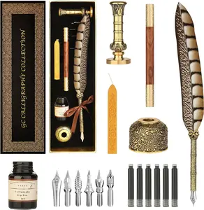 GC QUILL Vintage Calligraphy Feather Quill & Fine Nib Wooden Pen Set - Includes Ink Bottle, Ink Cartridge, Ideal Girly Office Stationery Writing Pens for Bridesmaid Proposal Boxes