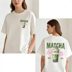 Women'S Pure White Short Sleeve T-Shirt With Front & Back Matcha Latte Print - Suitable For - Casual Round Neck Blouse Can Order From Stock For Outdoor And Casual Attire，women summer top