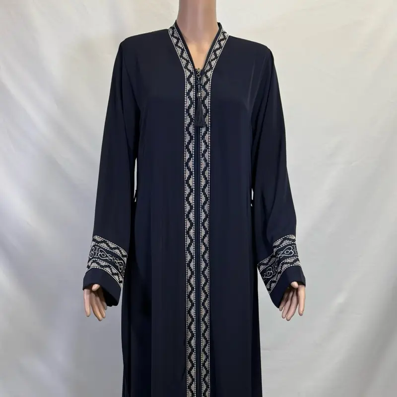 Navy Blue Rhinestoned Zippered Abaya with Belt - Elegant Design & Detailed Embellishments