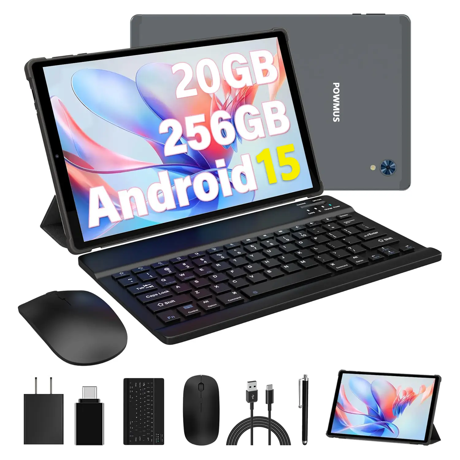 POWMUS Android 15 Tablet 10.4 Inch, 8GB RAM 256GB ROM, Octa-Core Processor, 2000x1200 IPS HD Touchscreen Tablet with Keyboard Mouse Case, 1TB Expandable Storage, Dual Camera, WiFi Bluetooth Tablet PC