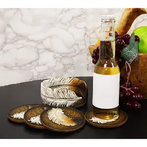 Ebros Rustic Western Indian Eagle Feather Coaster Holder with 4 Round Coasters