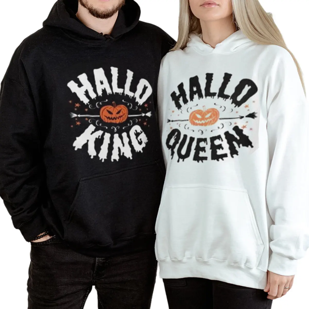 Hallo King and Hallo Queen Couple Halloween Hoodies, Matching King Queen Pullover, Cute Couple Halloween, Spooky Season Gift