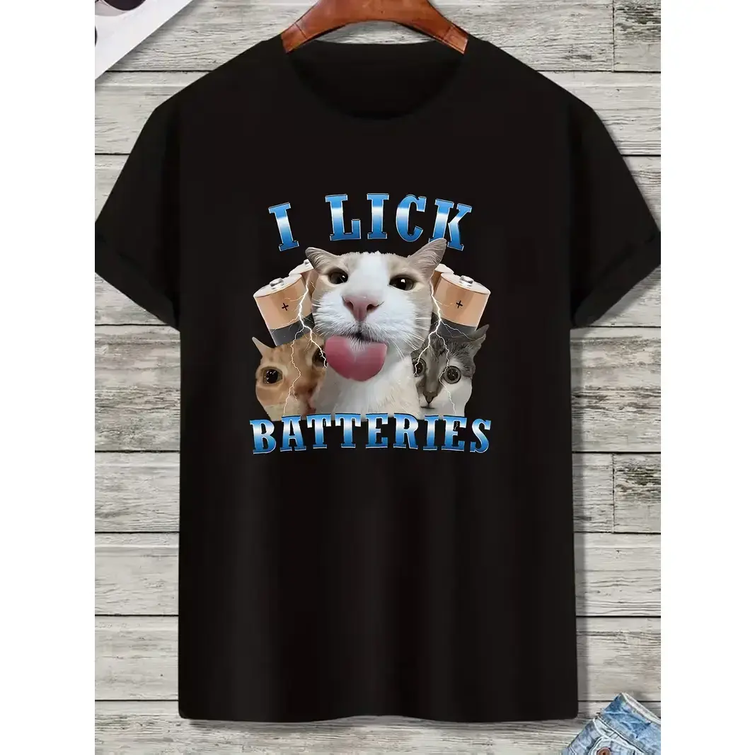 Worn Look Black Crew Neck Loose Short Sleeve Blouse, I Lick Batteries Cute Puppy Dog Pet Contrast Front Print For Dog Lovers Funny Sarcasm Playful Lighthearted Adult Tops