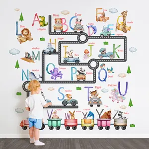 A set (30*90cm*4pcs) cartoon alphabet and small animal elements train track wall stickers for nursery room, living room and hallway home decoration and beautification