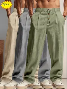 3 pieces of men's summer plain-color simple linen casual straight-leg trousers, Casual Solid Drawstring, fashionable beach-friendly lightweight breathable linen trousers, suitable for daily commuting and outdoor activities, vacations, parties, beaches