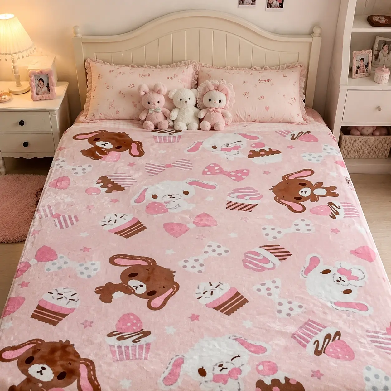 Sweet Bunny Cupcake Flannel Blanket - Cute Pastel, Bunny Emblem, Character Graphic, Heart Bow Print Flannel Throw - Soft, Cozy, Lightweight, Plush, Portable Cover for Bed/Sofa - Perfect Warm Gift for Holiday, Girls Kids, Bunny Emblem Blankets, Character G