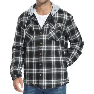 Men's Long Sleeve Plaid Button Quilted Lined Flannel Shirt Jacket with Hood