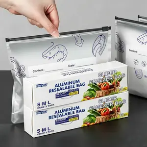 30/60/90PCS Reusable Aluminum Foil Sealable Storage Bags, 2025 New Resealable Vacuum Zipper Pouches for Food, Stand Up Foil Sealable Bags with Label and Zip Lock for Vegetable Fruit Meat (1 Boxd 3 Size)