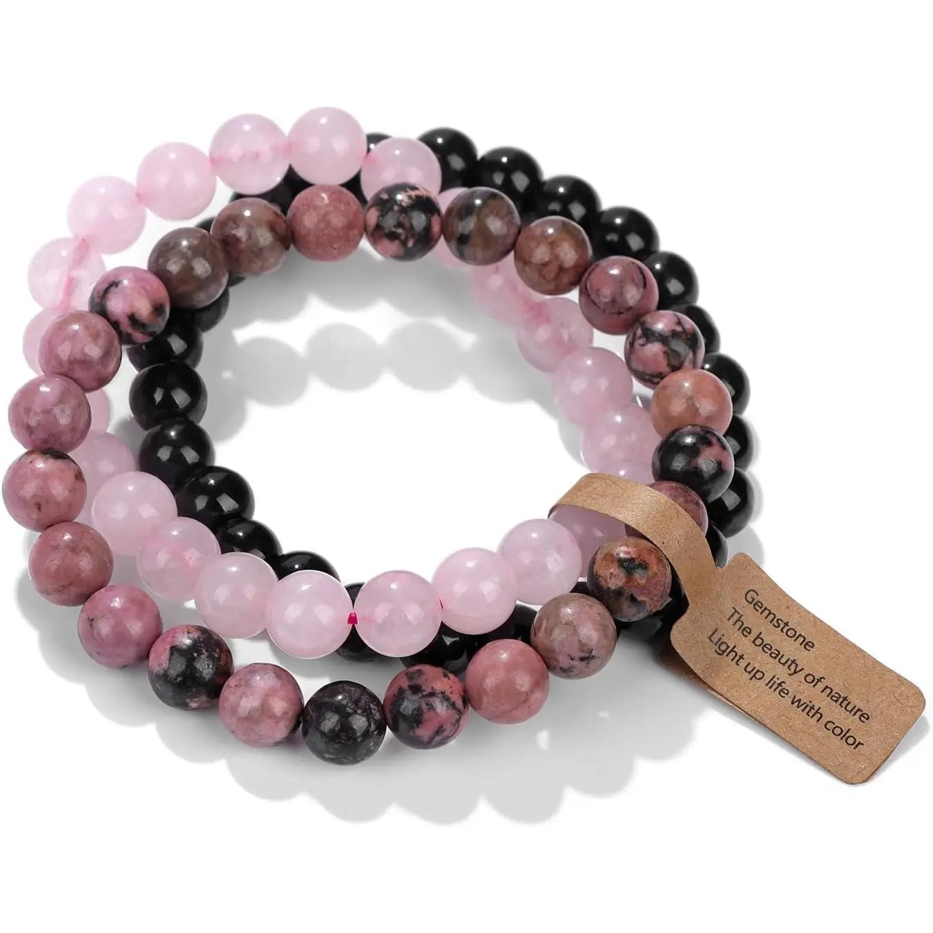 Healing Crystal Bracelets for Women, Set of 3 8mm Natural Stone Beaded Jewelry with Rose Quartz, Rhodonite & Black Onyx, Comfortable Stretch Fit to Attract Love, 01Rose Quartz, 03Pink, Daily, Easy Wearing And Removal, Female, Flexible, Grounding