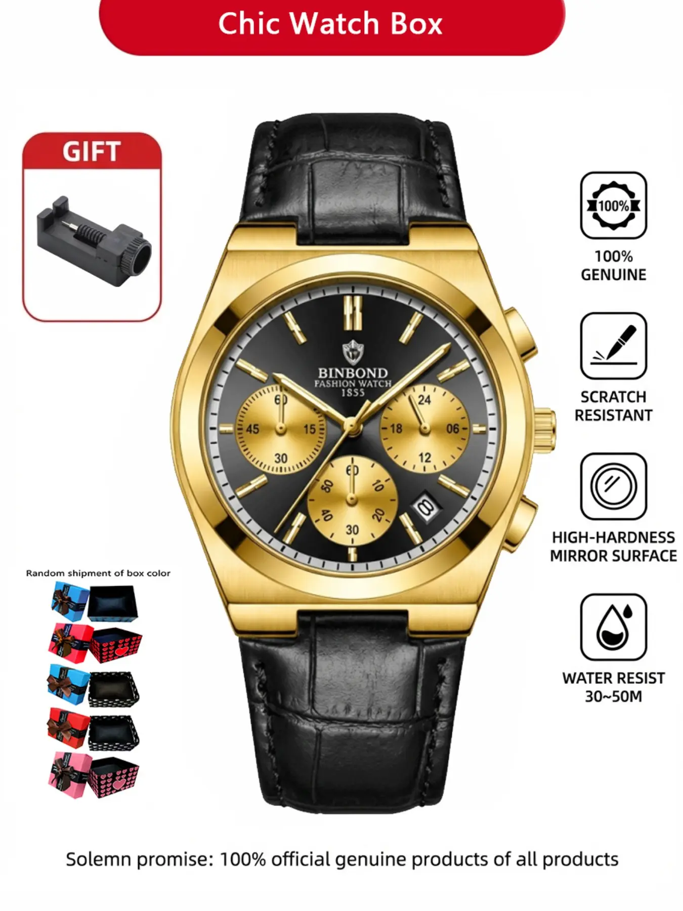 Binbond Luxury Gold Business Men's Watch, Three-Hand Multifunctional Dial, Leather Strap, Waterproof, Quartz Movement, Casual Style