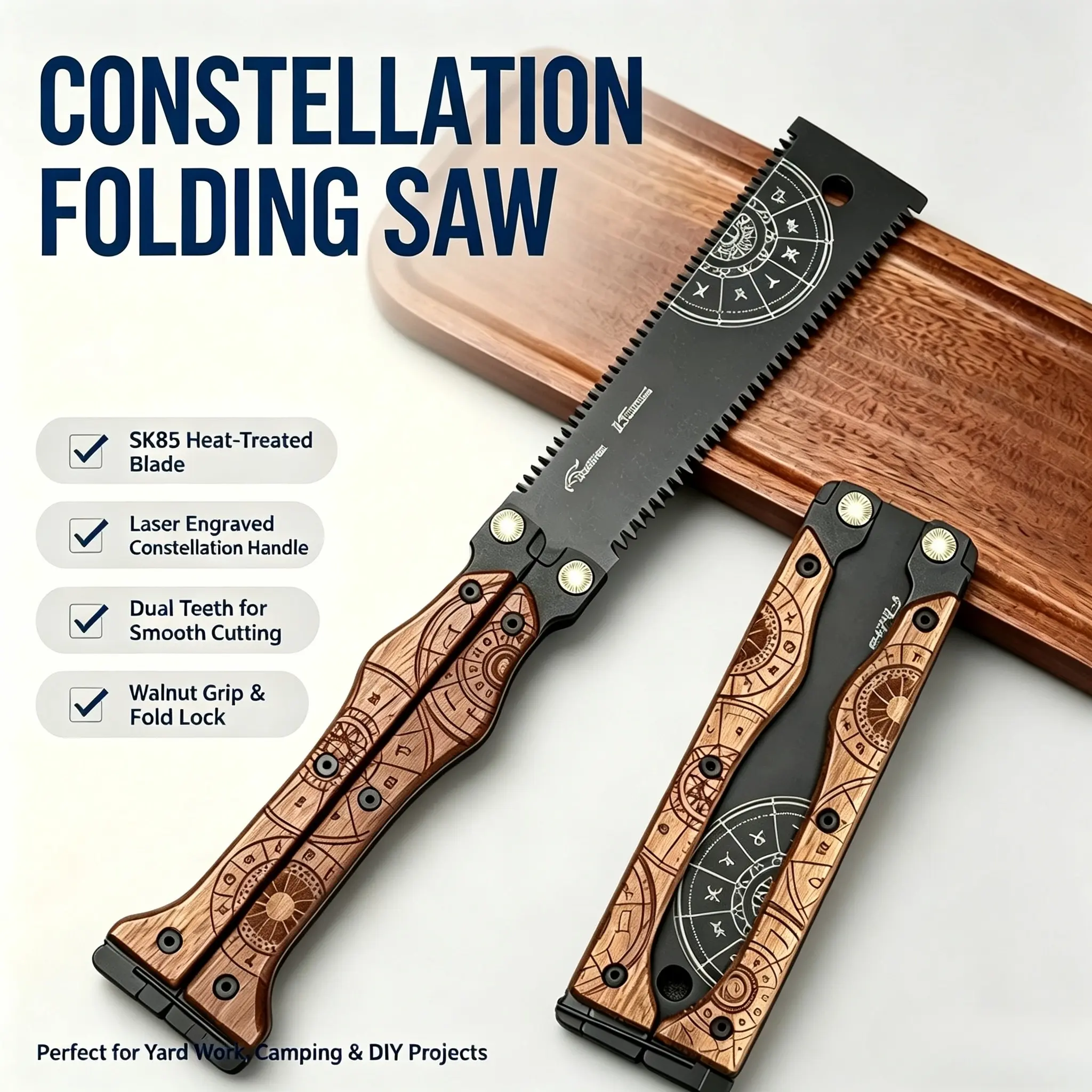 Folding Saw, Dual Edge Hand Saw with SK85 High Carbon Steel Blade, Compact Pocket Saw with North American Walnut Handle for Woodworking, Camping & DIY Projects