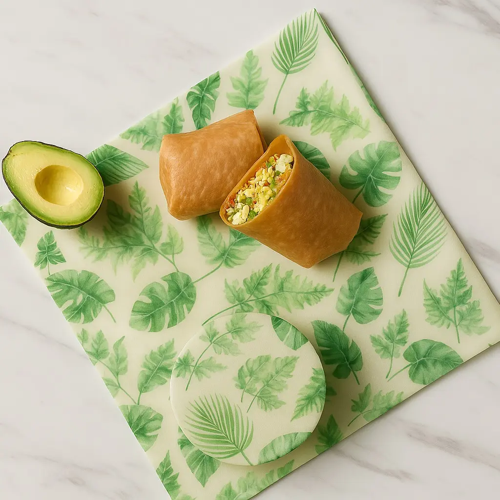 Eco Friendly Beeswax Food Wraps with Green Patterns for Sustainable Packaging Solutions. Healthy and Sustainable Choice. Reusable and washable Beeswax Food Wraps can last 6-9 month. And you can ditch plastic and help to save the planet!