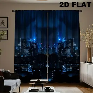City Night Scene Print Curtains Set, Fashionable Rod Pocket Window Drapes for Bedroom & Living Room, Comfortable Atmosphere, Easy Installation