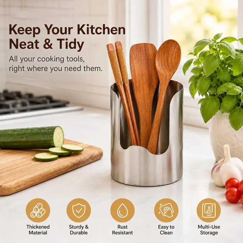 1 Count Stainless Steel Utensil Holder, Rust-Resistant Kitchen Organizer for Spatulas, Spoons and Chopsticks, Multi-Purpose Storage Cylinder for Countertop