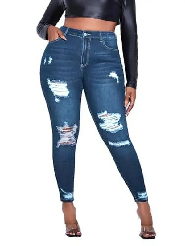Women's Plus Size High Waist Skinny Jeans - Distressed Ripped Details, Stretch Spandex-Polyester Fabric, Adjustable Pocket, Zip Fly, Fit Design, Denim Bottoms, Casual Women's Clothing, Plus Size Apparel