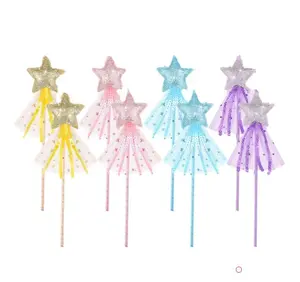 8Pcs Glitter Star Fairy Wands Set, Ribbon Decor Princess Angel Sticks, Cute Party Favor Costume Props, Magical Hand Wands for Girls Kids Birthday Wedding Cosplay Holiday Gift