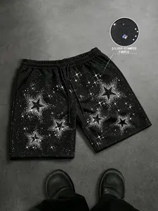 Men's Loose-Fitting Streetwear Sports Shorts, Elastic Waist Drawstring Design, Sequined Craftsmanship, Side Pockets, Star Pattern, Casual Sportswear, Athletic Shorts