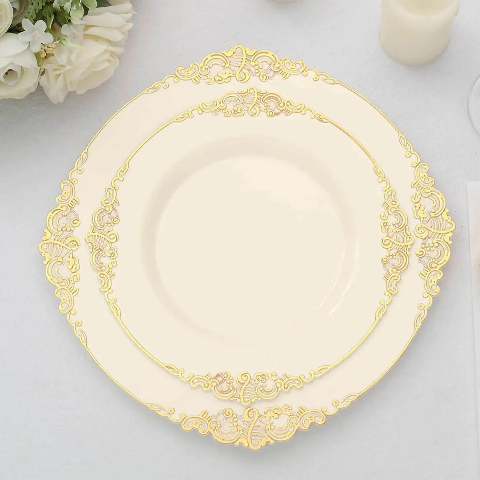 10-Pack Elegant Gold Plastic Dinnerware - 8" Ivory Floral Plates with Gold Leaf Embossed Leak-Proof Rim, Vintage Baroque Round Disposable Salad Serving Plates for Wedding, Party Food and Beverage Use