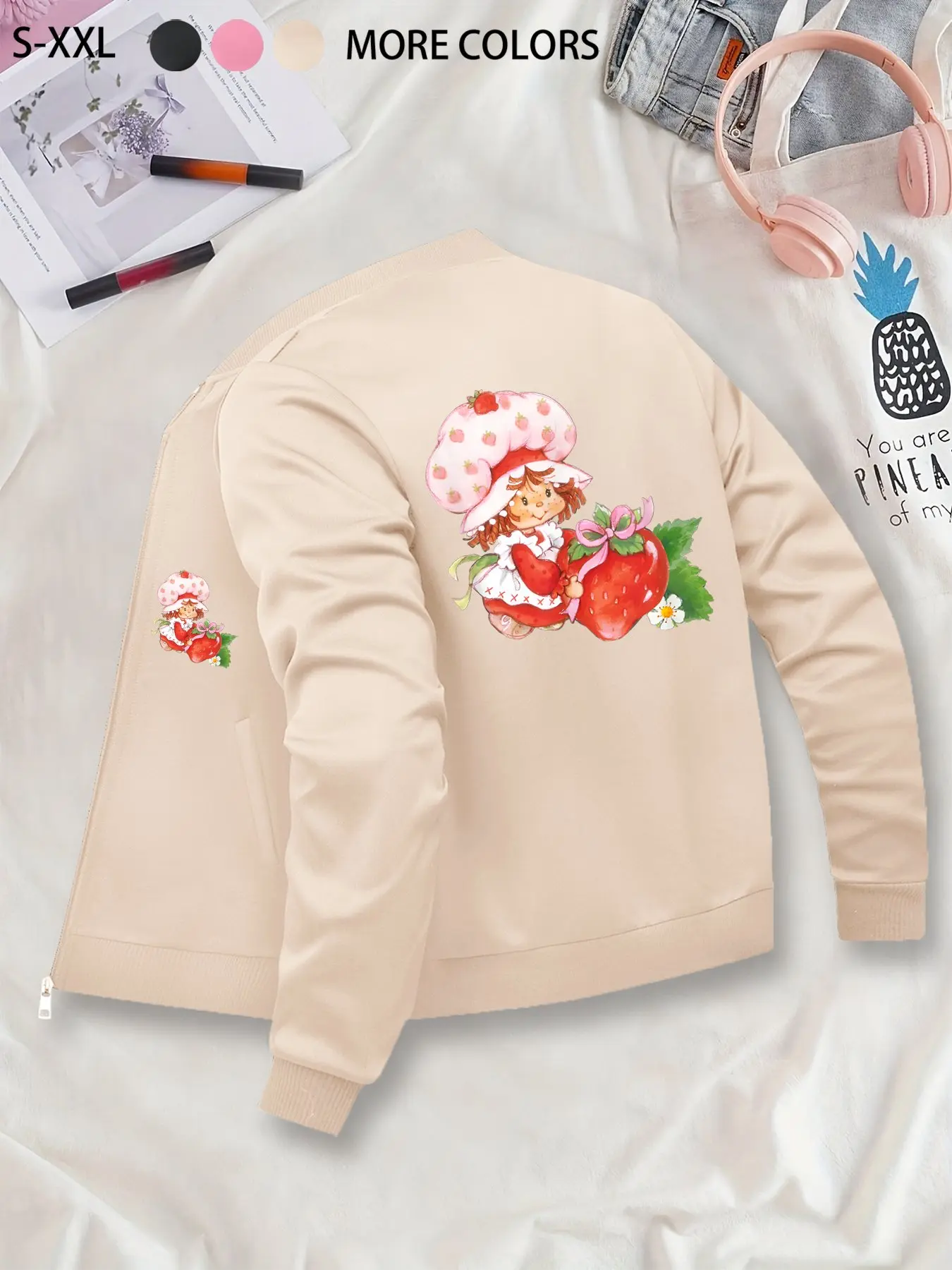 Cute Cartoon Strawberry Girl Print Baseball Jacket Daily Casual Fashion Trendy Outerwear Lightweight Comfortable, Suitable for Daily Wear and Outdoor Activities