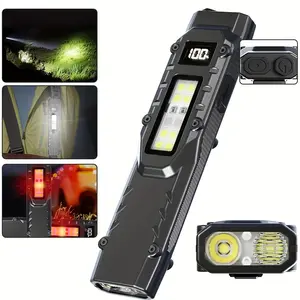 Rechargeable EDC flat panel flashlight, warning red light, ultraviolet light and white LED combination side light, 1500 lumens portable pocket light, triple light source for outdoor emergency work (black)