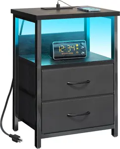 Night Stand with Charging Station, LED Nightstand with U-S-B Ports and Outlets for Small Spaces, 2 Fabric Storage Drawers, Bedside Table End Tables Bedroom Decor, Modern Black