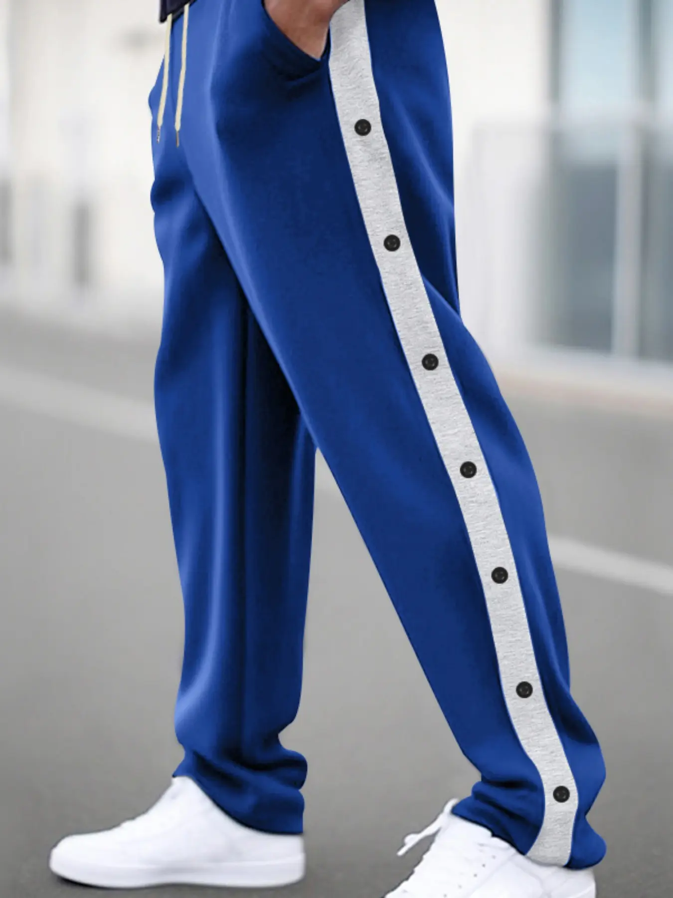 Men's Street Style Button-Front Casual Pants, Side Colorblock Design, Drawstring Waist, Loose Fit, Perfect for Daily Wear & Sports