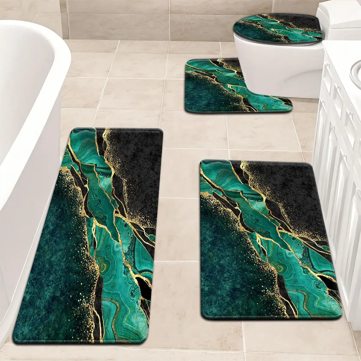 Luxury 3-4 Piece Bath Rug Set, Non-Slip Soft Absorbent Bathroom Toilet Mats with Toilet Lid Cover, Emerald Green Marble Gold Foil Print, Machine Washable Modern Bathroom Decor for Tub Shower, Bathroom Toilet Mat