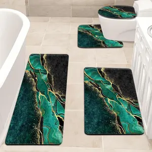 Luxury 4 Piece Bathroom Rugs Set, Non-Slip Absorbent Bath Mats with Toilet Lid Cover, Emerald Green Marble Gold Foil Print Floor Mats for Tub Shower Toilet, Machine Washable, Modern Bathroom Decor