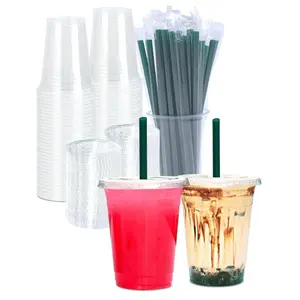 Clear Plastic Cups with Lids and Straw, Disposable Drinking Cups for Cold Drinks, Iced Coffee, Milkshakes, Smoothies, 25 Sets