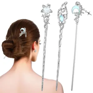 3 PCS Star Moon Hairs Sticks for Buns Long Chinese Hair Pins Metal Silver Tousle Stick Long Hairs Chinese Hanfu Asian Vintage Hair Chopsticks for Women Girls Gifts (Blue Silver)