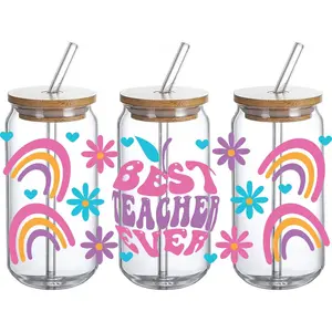 UV DTF Glass Cup Wrap Transfer - UVDTF Teacher - Best Teacher Ever Rainbow, Decal for 16oz Glass Cups, DIY Crafts Gifts for Teacher -3PCS