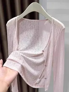 Women's Lightweight Textured Open Front Cardigan Knitwear Loungewear Style, Soft Skin-Friendly Breathable Casual Long Sleeve Shawl Jacket, Thin Mesh Hollow Out Air Conditioning Cover, Multipurpose, Easy Layering