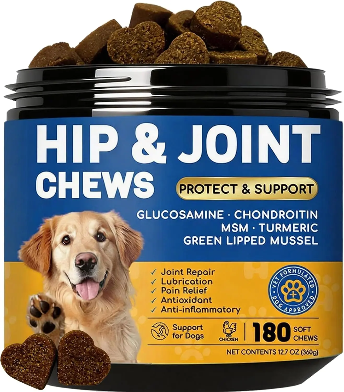 Dog Joint Supplement Soft Chews - Glucosamine, Chondroitin, MSM & Turmeric, Chicken Flavor Hip & Mobility Support for Dogs, 180 Chews
