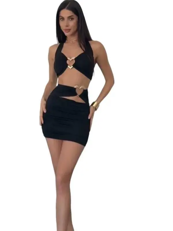Heart Medal Embellished Bralette Halter Top Fitted Ruched Skirt Womenswear