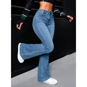 Women's Y2K High-Rise Patch Pocket Stretch Jeans - Butt-Lifting Slim-Fit Bell Bottom Denim Pants for Streetwear