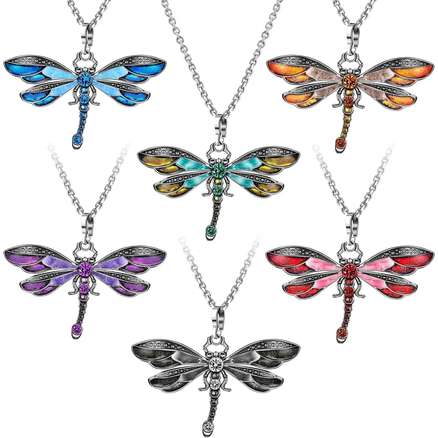 Women's Bulk Ethnic Bohemian Necklaces - 6 Insect-Themed Pendants, Colorful Multi-Layered Vintage Party Gift Jewelry (Dragonfly)