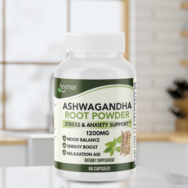 Arymar Organic Ashwagandha Root Powder 60 Vegan Capsules 1200mg Adaptogen for Stress Energy Balance Mood Support