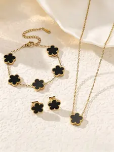 3Pcs Gold Plated Black Clover Matching Jewelry Set, Dainty Enamel Quatrefoil Necklace Bracelet Earrings Combo, Fashion Jewelry Gift for Her