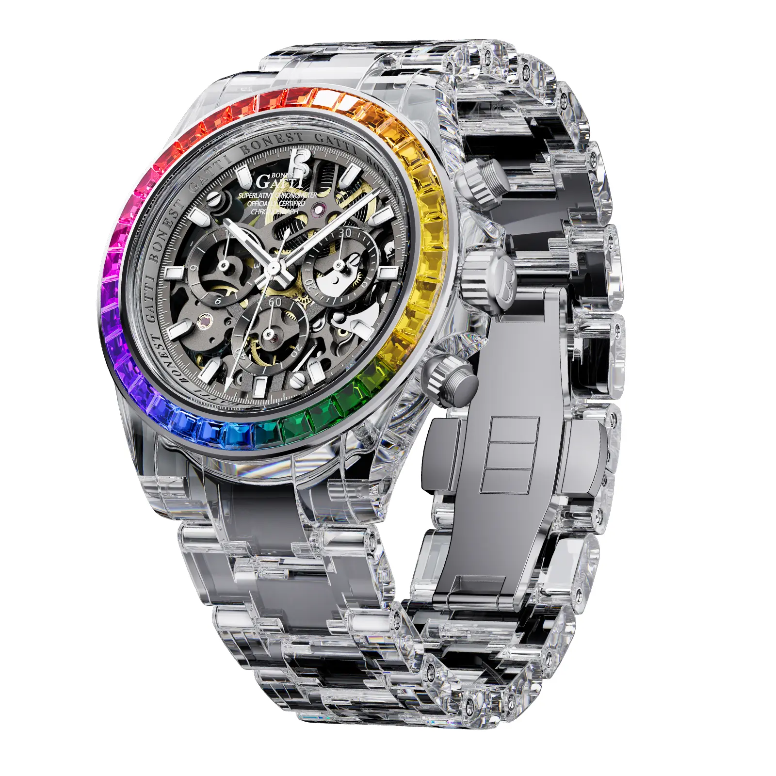 BONEST GATTI Rainbow Crystal Watch, Transparent Hollow-Out Men’s Automatic Mechanical Watch, Waterproof Diamond-Set Transparent Wristwatch
