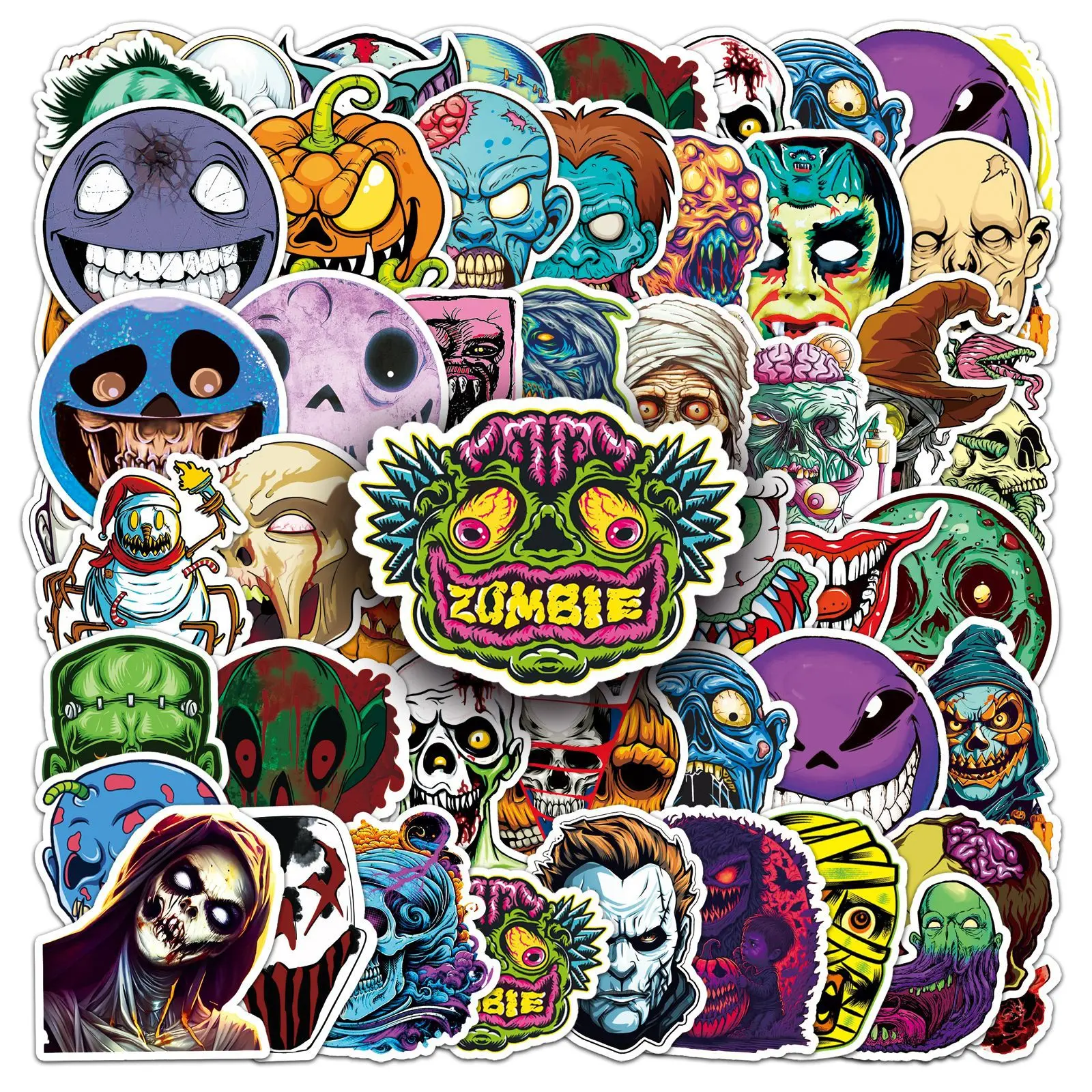 50pcs Halloween Horror Face Stickers, Perfect for Scrapbooks Journals Laptops Water Bottles Cars, Positive Message Gift Design, Car Decoration, Automobile Decals, Multipurpose Car Decal, Car Decorative Sticker