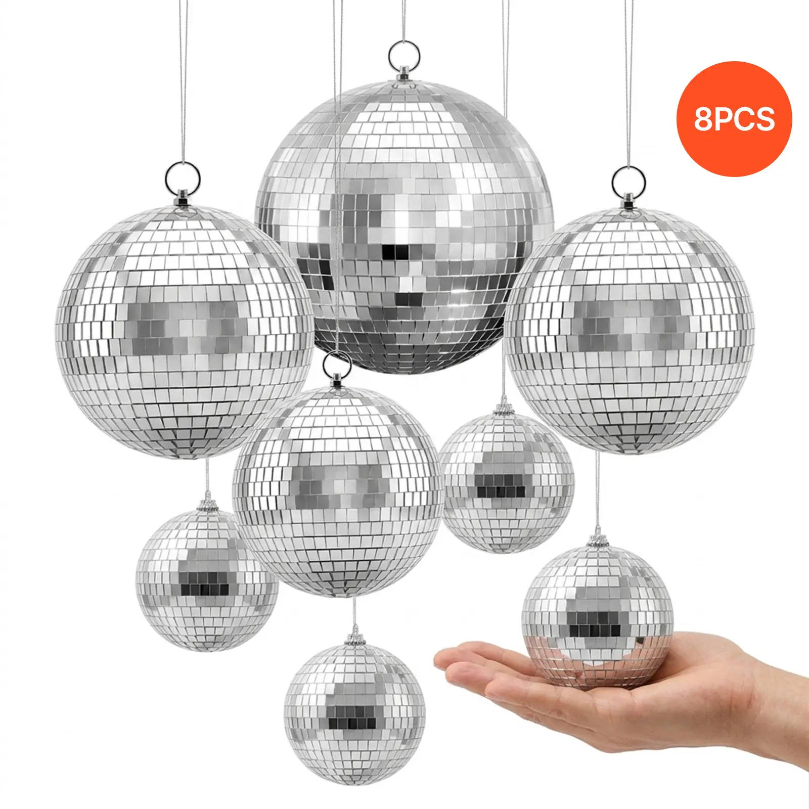 VEVOR Mirror Disco Ball 4" 6" 8" 8-Pack Silver Balls with Hanging Ring, for Party Home Decoration Stage Props DJ Dance Club, 2 Mirror Tile Sizes, Reflects Light, Large Wedding Music Birthday Decor