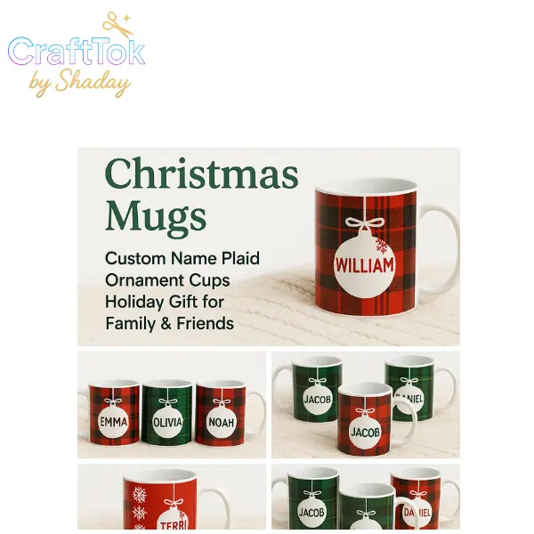 CraftTok by Shaday Personalized Christmas Mugs Custom Name Plaid Ornament Cups 11oz Ceramic Red or Green Festive Holiday Gift for Family Friends