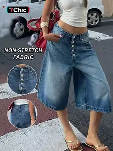 New Trendy Fashion Basic Women's Straight Leg Wide Leg Classic Versatile Bermuda Denim Shorts, Multi-Button Design, Comfortable Washed Craftsmanship