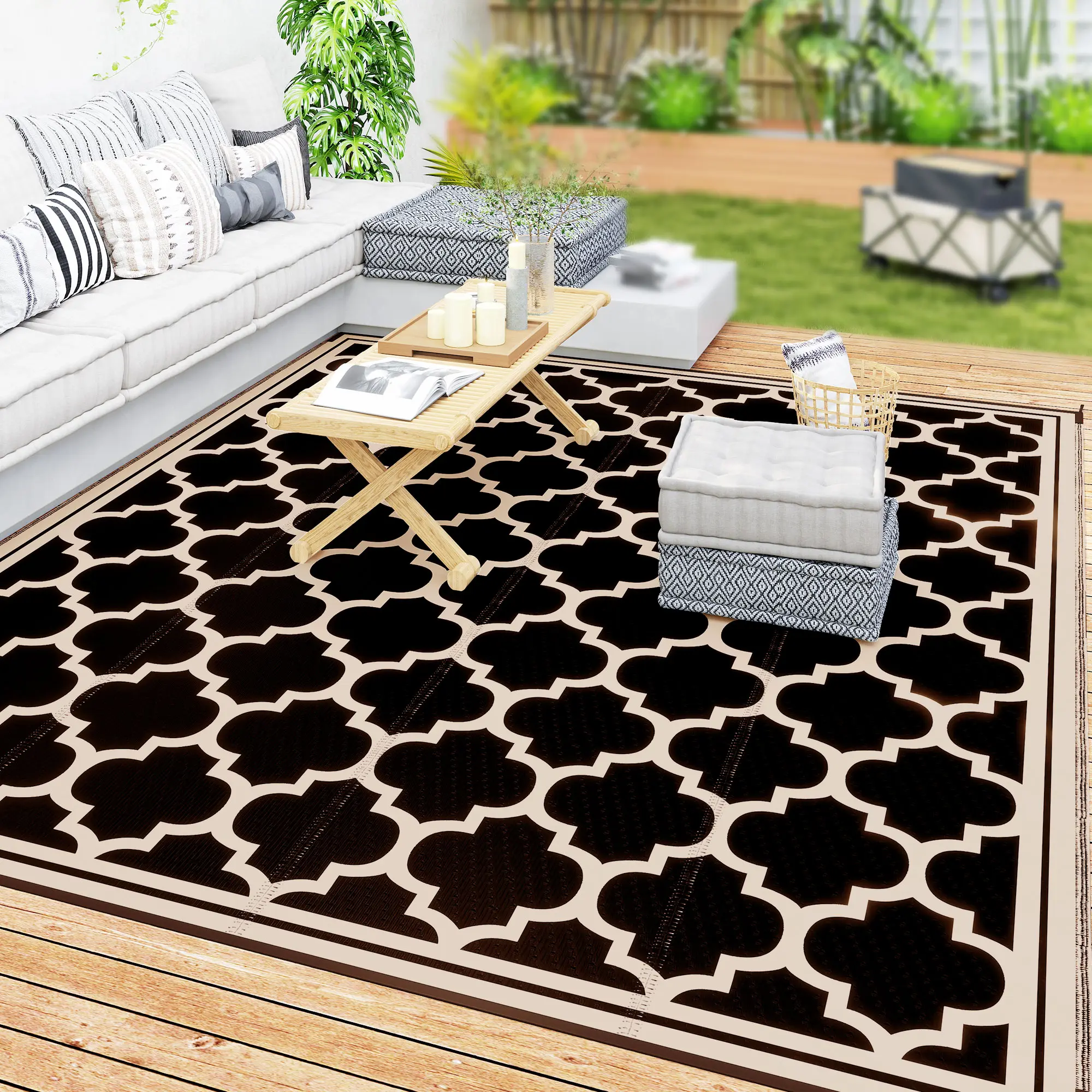 9'x12' Reversible Waterproof Plastic Straw Outdoor RV Rug Black & Beige, UV Fade Resistant Reinforced Edges Foldable Camping Patio Beach Mat with Corner Wind Loops Easy Hose Clean