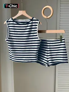 Two-piece Set Women's Striped Pattern  Tank Top & Shorts, Casual Sleeveless Round Neck Top & Shorts for Summer, Ladies Clothes for Daily Wear, Knitted Shorts Set