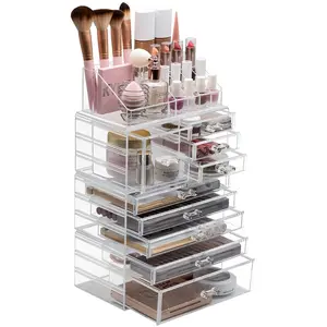 X-Large Clear Makeup Organizer Case - 4 Piece Set (9 Drawers) Cosmetic Durable