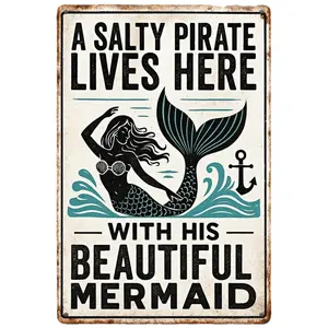 Vintage Nautical Mermaid Metal Wall Art Sign 8x12 Inch Rustic Pirate Decor with Salty Pirate Lives Here Design for Home Cafe Restaurant or Garage
