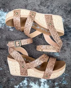 Women's Stylish Lightweight Soft Tooled Tan Kiara Wedge Sandal, Comfortable Walking Shoe by Very G