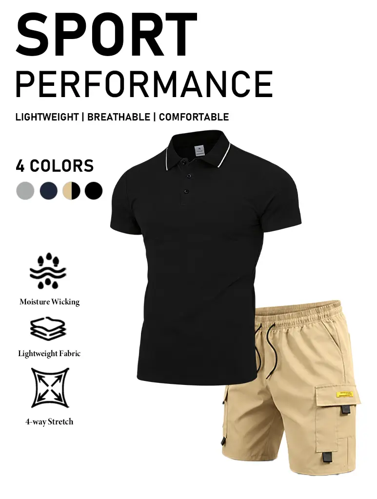 Men’s high-performance moisture-wicking set, quick-dry golf shirt and athletic shorts with pockets