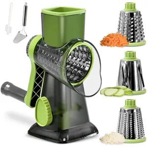 Badelite Cheese Grater Hand Crank Rotating Cheese Shredder Stainless Steel Vegetable Slicer Grater for Kitchen 3 Blades for Cheese Carrot Cucumber Nuts Chocolate Green